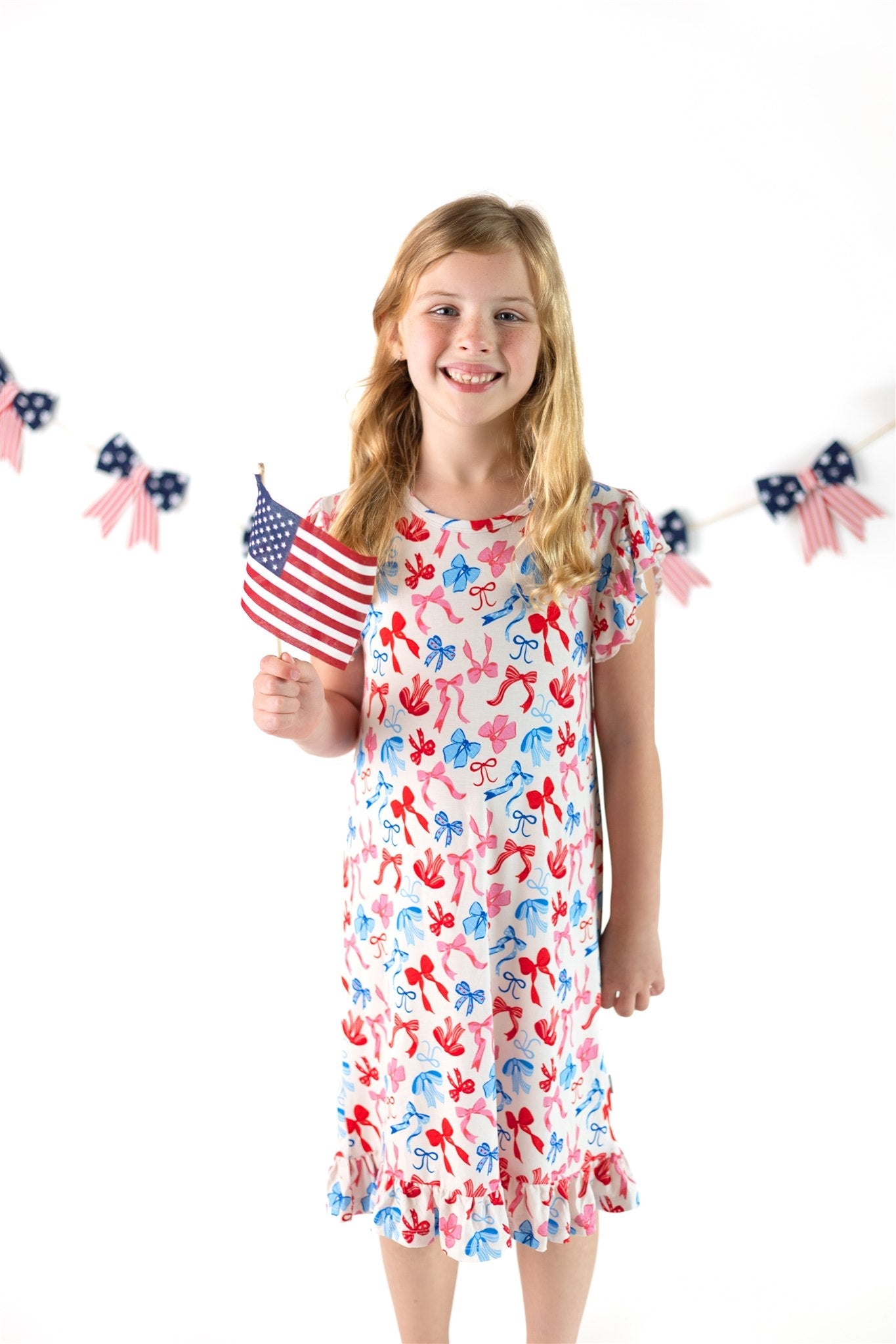 Red, White, & Blue Nightgown | Patriotic Bows Girls Bamboo Nightgown by Boosh Baby image 2
