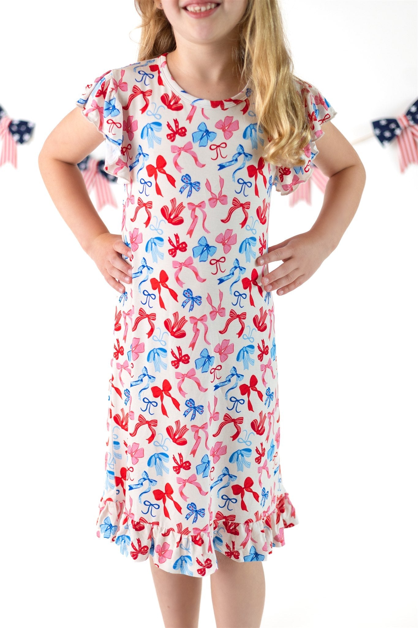 Red, White, & Blue Nightgown | Patriotic Bows Girls Bamboo Nightgown by Boosh Baby image 1