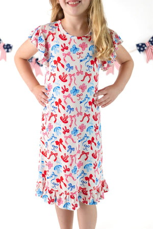 Red, White, & Blue Nightgown | Patriotic Bows Girls Bamboo Nightgown by Boosh Baby image 1