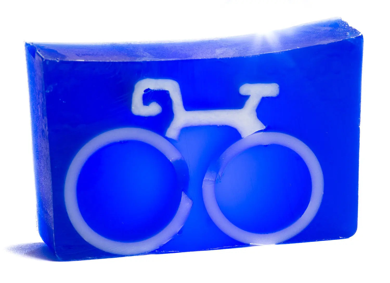 Blue bar soap with a white bicycle design