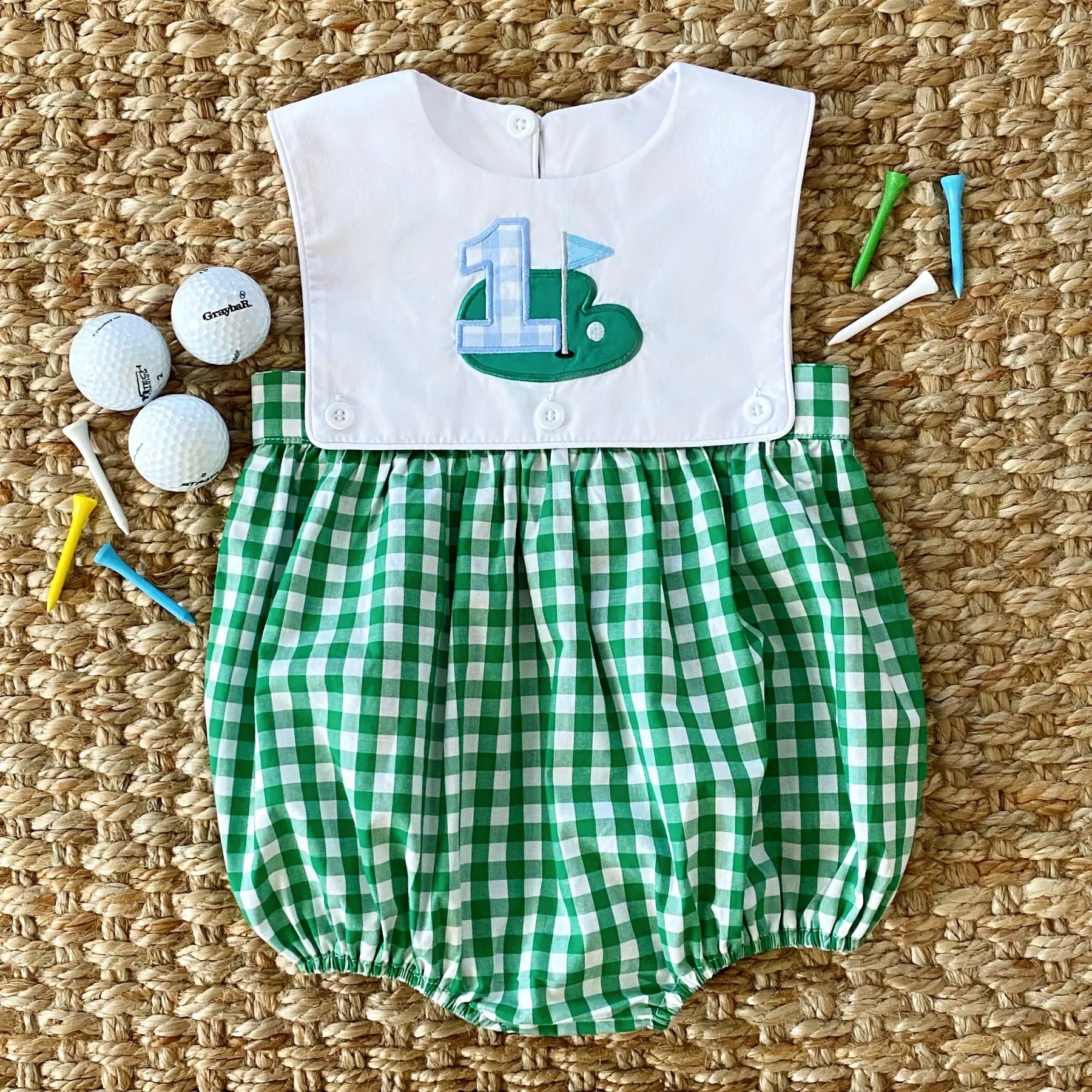 Baby Boy First Birthday Golf Outfit | Hole-In-One Reversible Golf Bubble by Seven Lantern Lane, children's boutique clothing main product photo