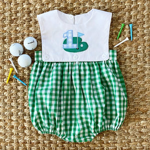 Baby Boy First Birthday Golf Outfit | Hole-In-One Reversible Golf Bubble by Seven Lantern Lane, children's boutique clothing main product photo