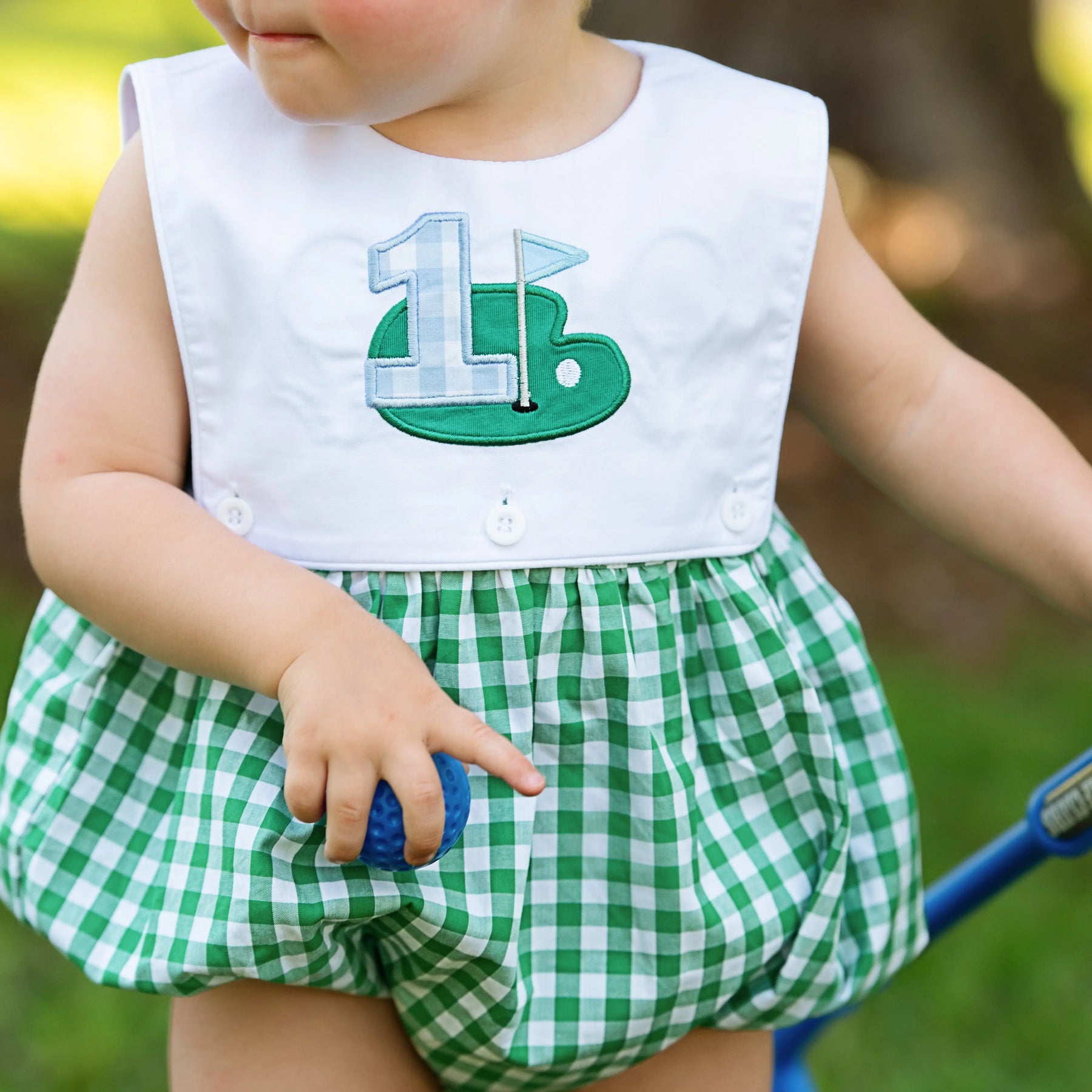 Baby Boy First Birthday Golf Outfit | Hole-In-One Reversible Golf Bubble by Seven Lantern Lane, children's boutique clothing detail photo 5