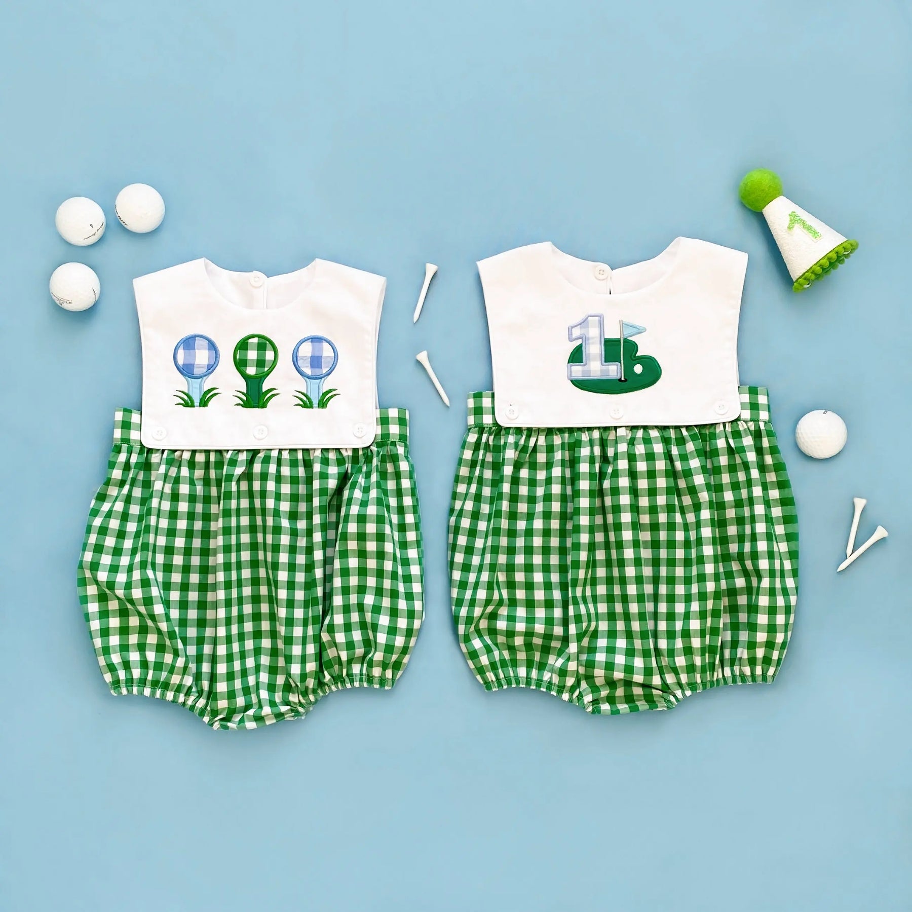 Baby Boy First Birthday Golf Outfit | Hole-In-One Reversible Golf Bubble by Seven Lantern Lane, children's boutique clothing detail photo 13