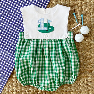 Baby Boy First Birthday Golf Outfit | Hole-In-One Reversible Golf Bubble by Seven Lantern Lane, children's boutique clothing detail photo 14
