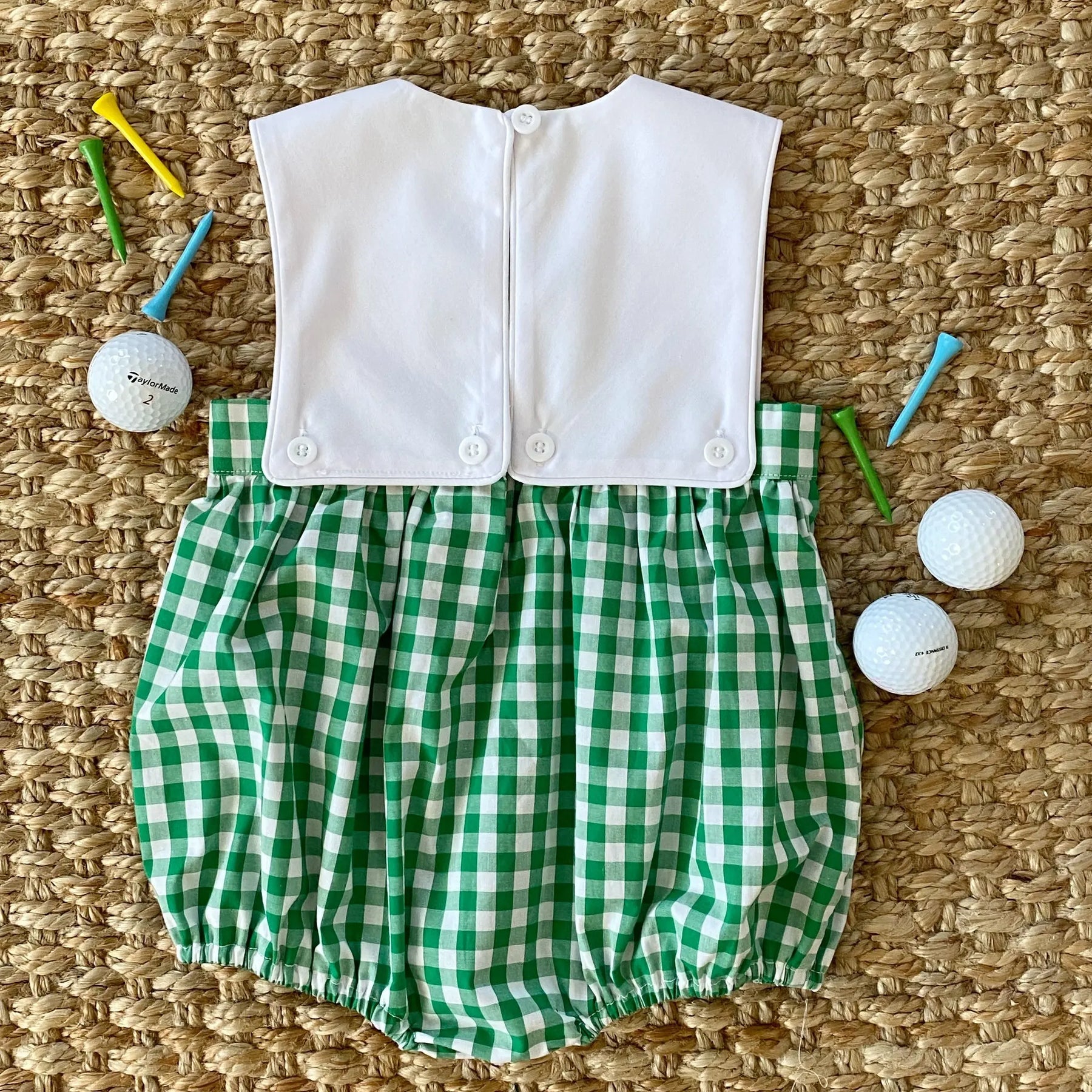 Baby Boy First Birthday Golf Outfit | Hole-In-One Reversible Golf Bubble by Seven Lantern Lane, children's boutique clothing detail photo 17