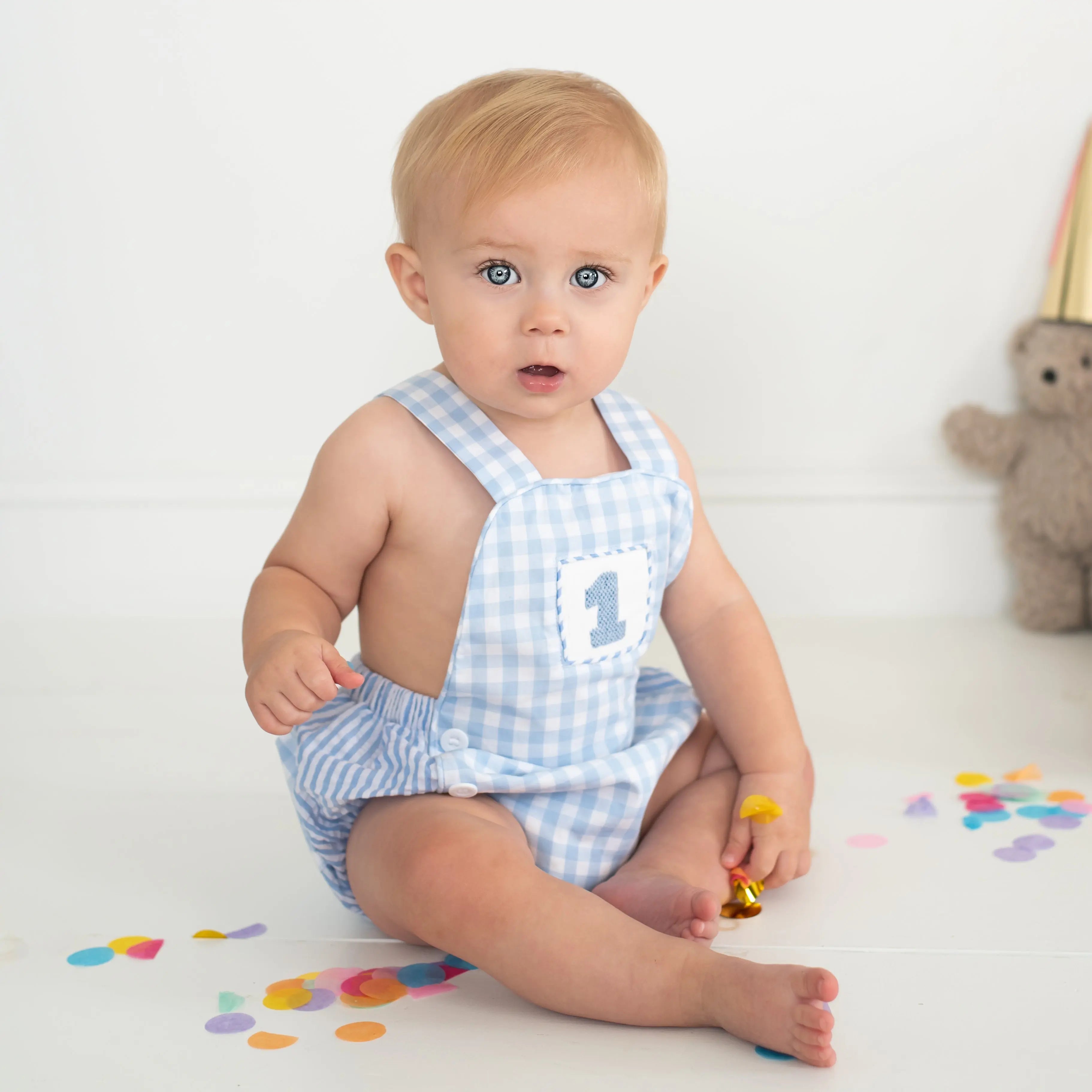 Baby Boy First Birthday Outfit – Smocked Blue Birthday Bubble Seven Lantern Lane