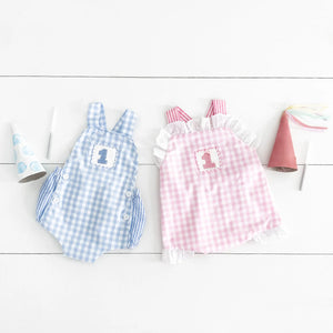 Baby Boy First Birthday Outfit – Smocked Blue Birthday Bubble Seven Lantern Lane