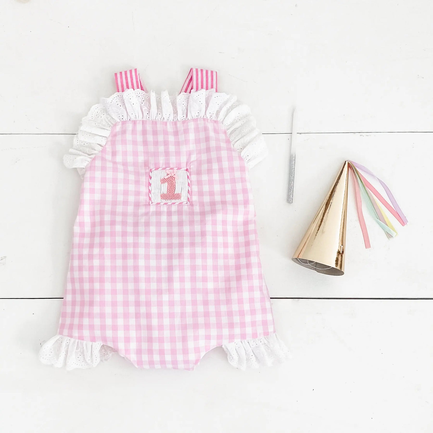 Baby Girl Smocked First Birthday Bubble by Seven Lantern Lane, children's boutique clothing detail photo 16