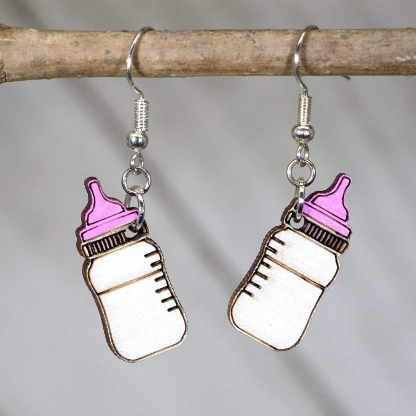 Baby Bottle Wooden Earrings | Cute Gift Jewelry for Parents