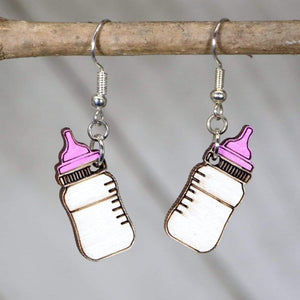 Baby Bottle Wooden Earrings | Cute Gift Jewelry for Parents