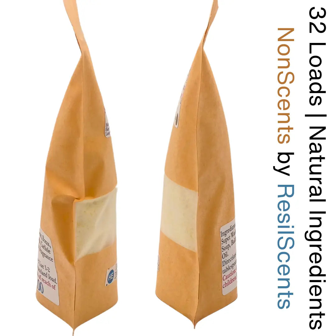 Two kraft paper bags of ResilScents laundry detergent with natural ingredients and a clear window to view the product.