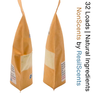 Two kraft paper bags of ResilScents laundry detergent with natural ingredients and a clear window to view the product.