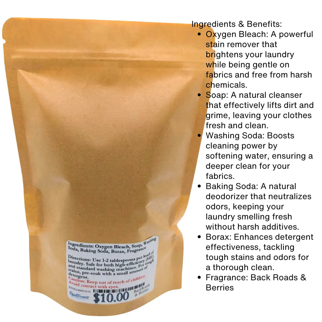 Pouch of laundry detergent with ingredient list and price. The label includes the ingredients: Oxygen Bleach, Soap, Washing Soda, and more.