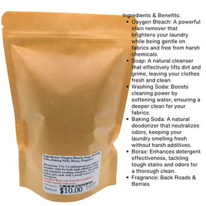Pouch of laundry detergent with ingredient list and price. The label includes the ingredients: Oxygen Bleach, Soap, Washing Soda, and more.