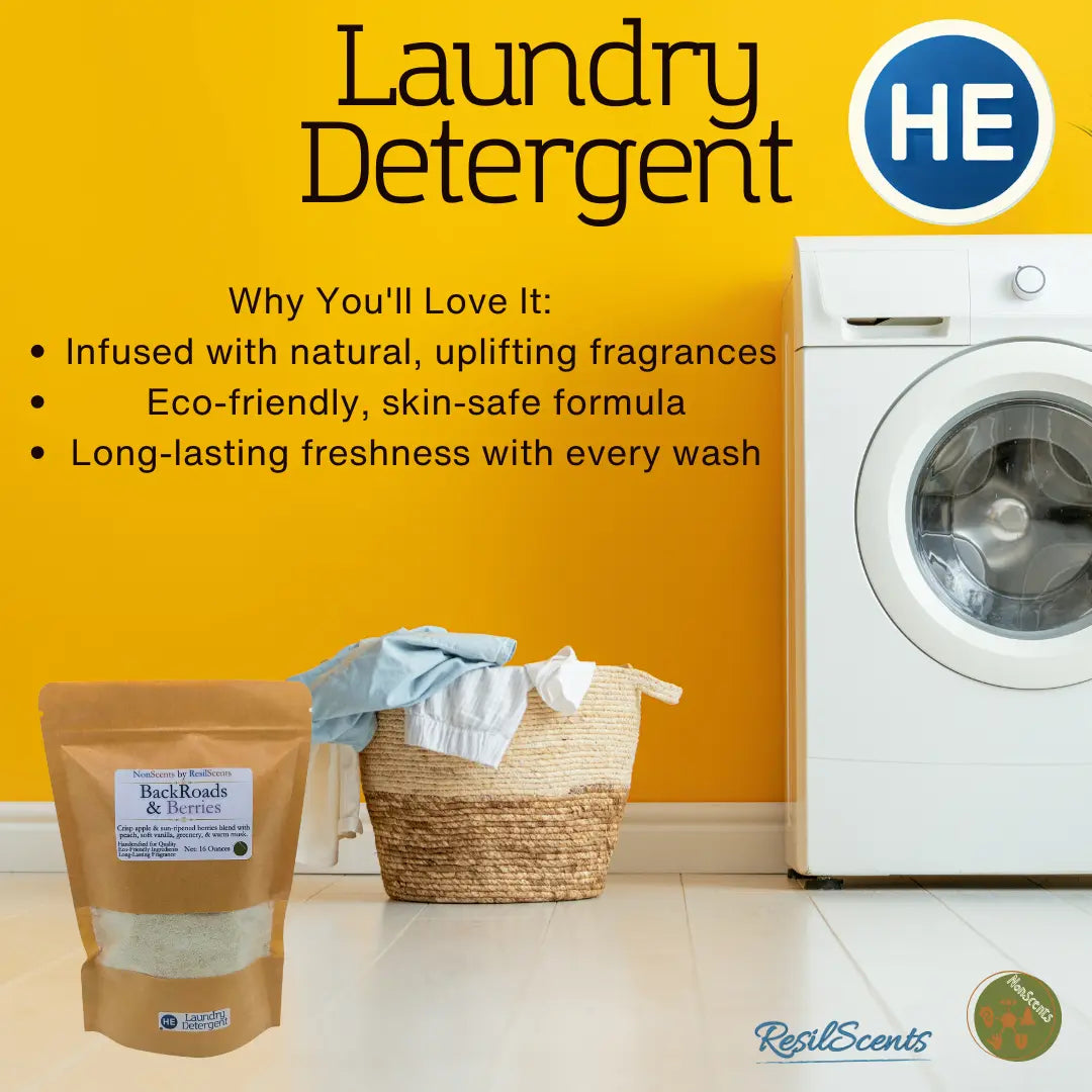 Laundry detergent in a package with washing machine and laundry basket. HE logo visible.