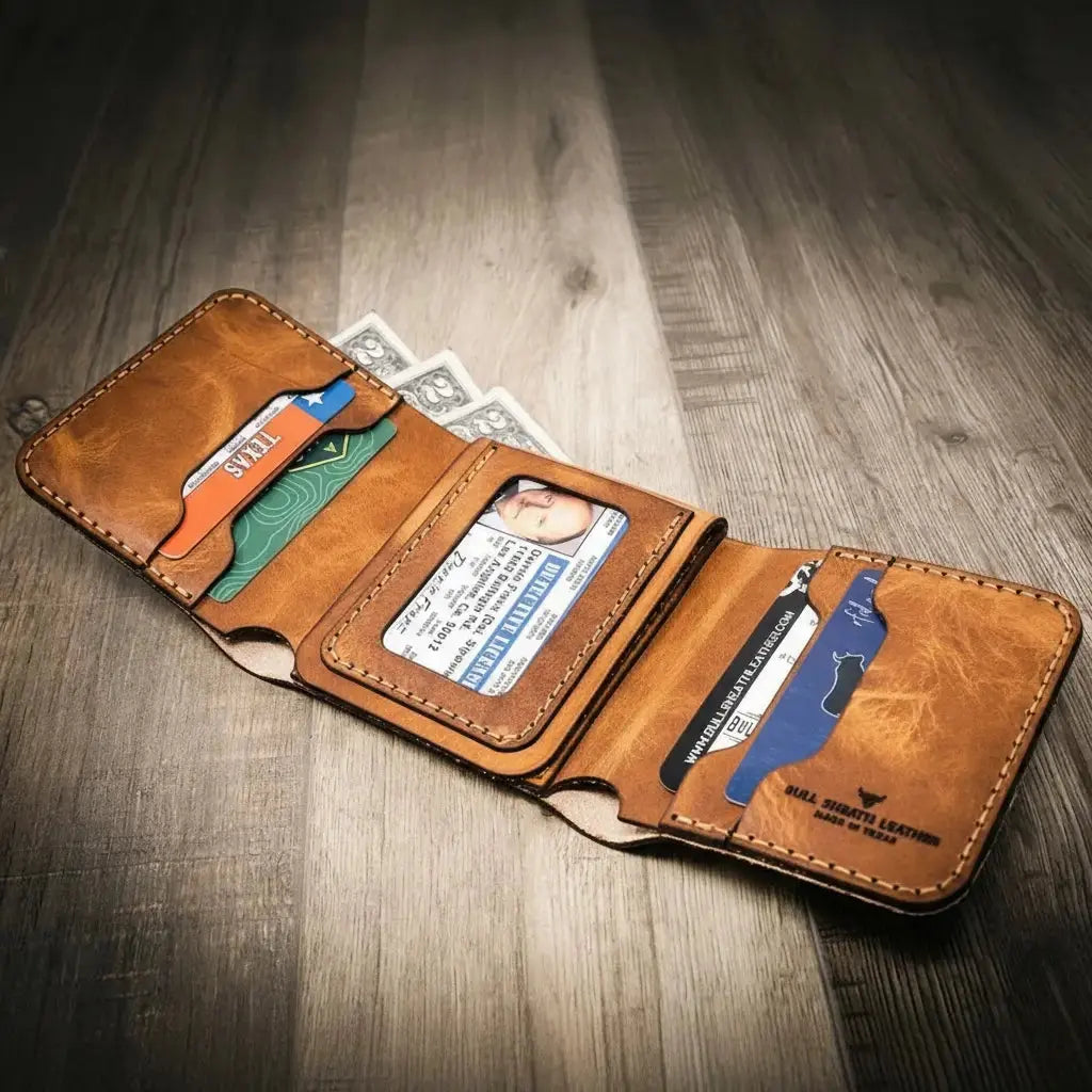 Badge Trifold Wallet by Bull Sheath Leather, handmade leather goods detail photo 2