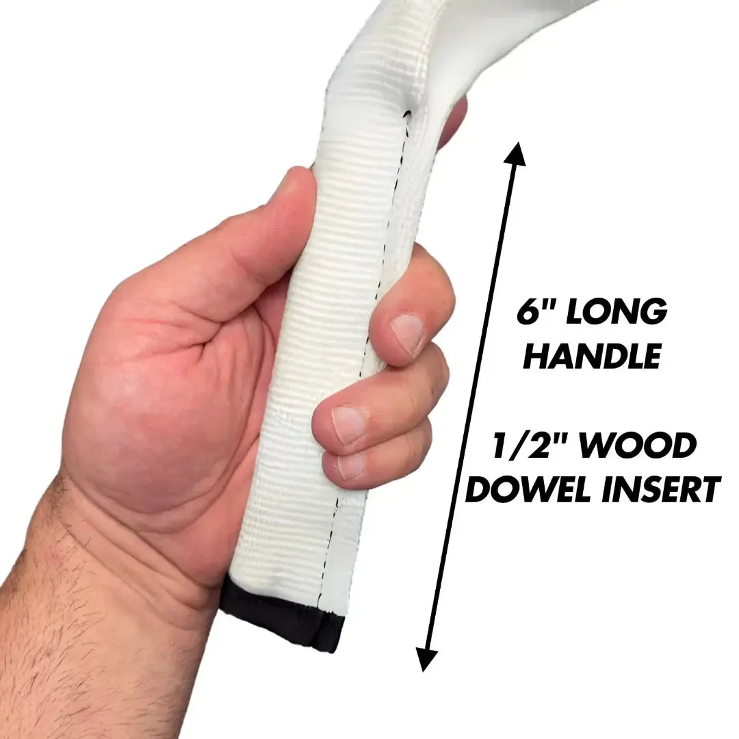 Hand gripping a white woven battle rope handle with a 1/2 inch wood insert.