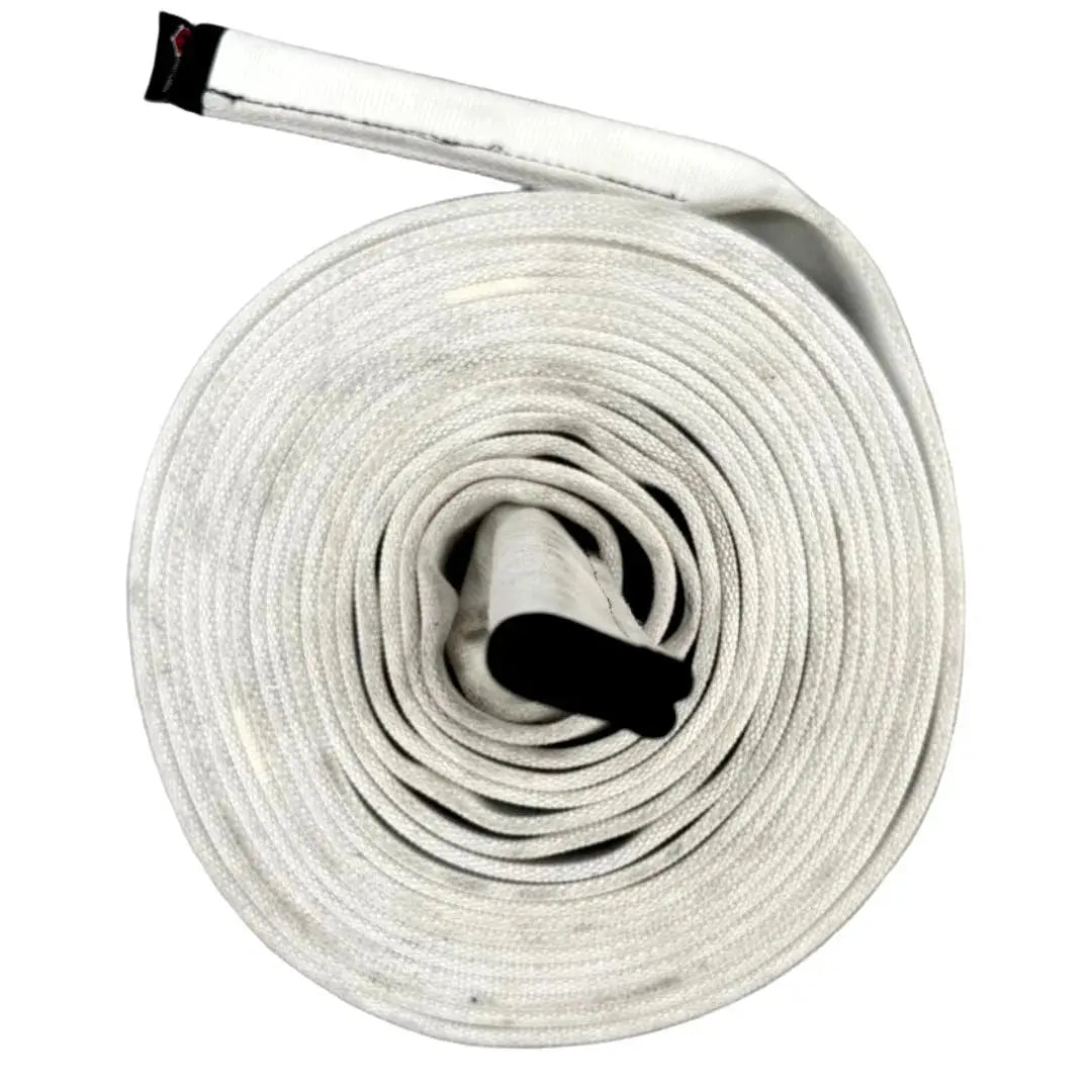 Rolled up white battle rope made from recycled fire hose