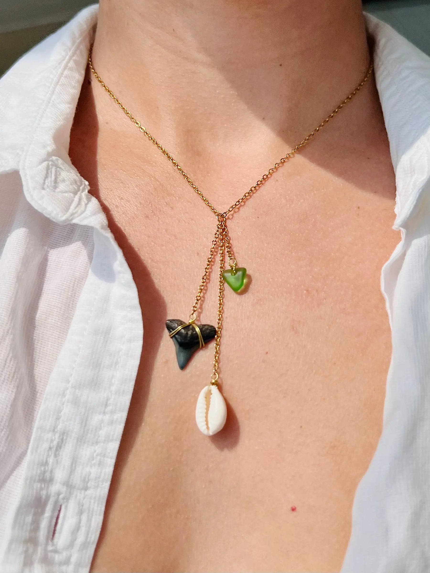 Beach Glass + Cowrie Shell Shark Tooth Necklace HALT