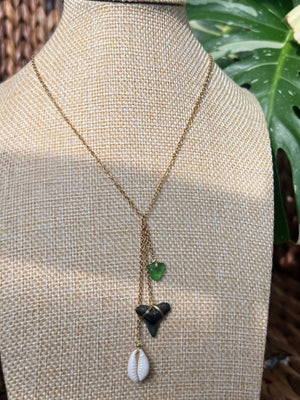 Beach Glass + Cowrie Shell Shark Tooth Necklace HALT