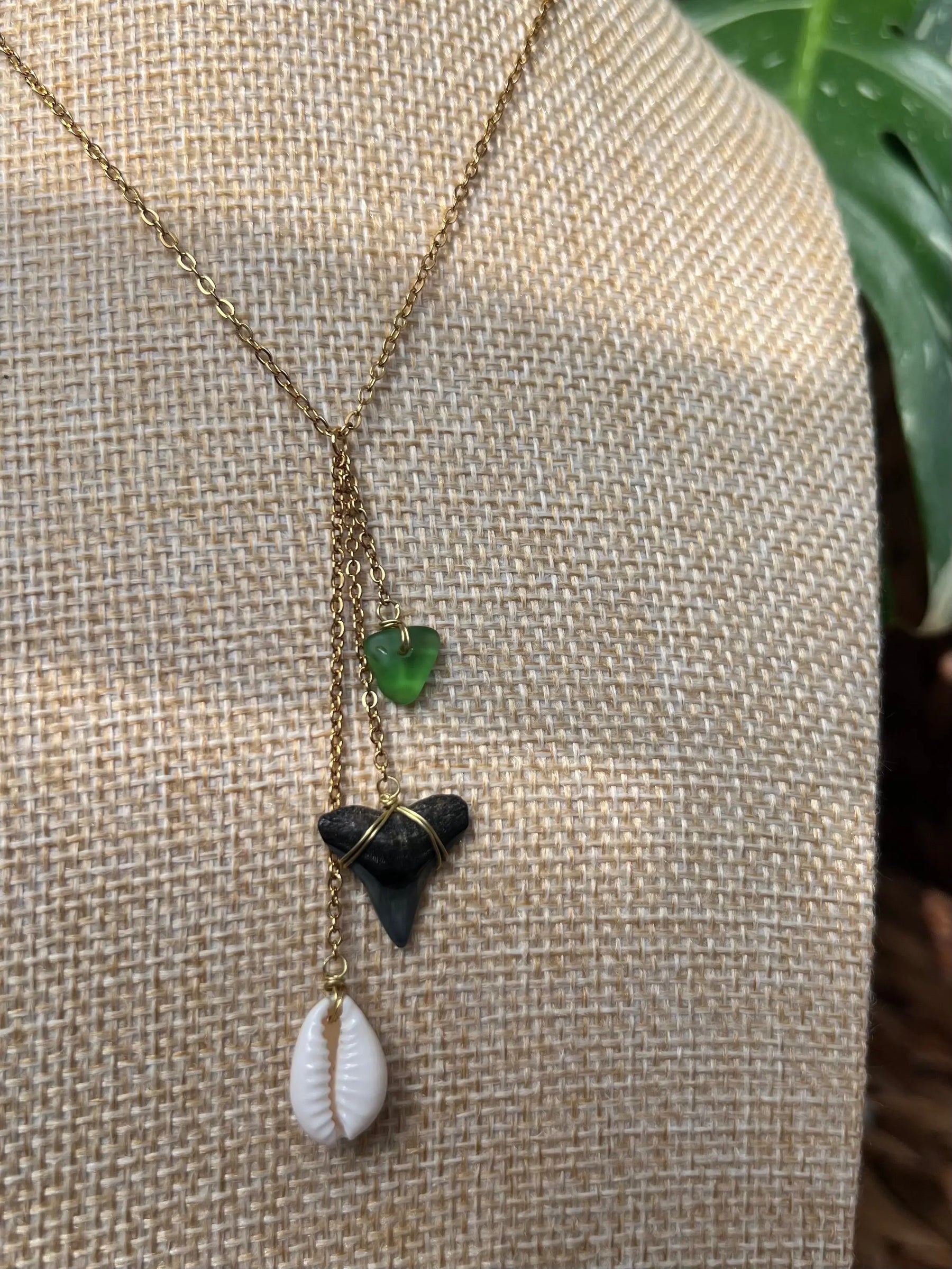 Beach Glass + Cowrie Shell Shark Tooth Necklace HALT
