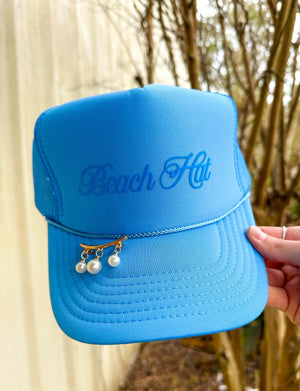 Beach Hat Cursive Columbia Blue Trucker by Southern Bliss Company, Southern lifestyle apparel main product photo
