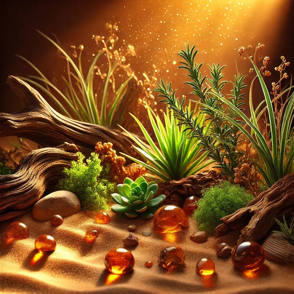 Beard balm ingredients: amber beads, succulent, stones, moss, driftwood on sand under a golden light.