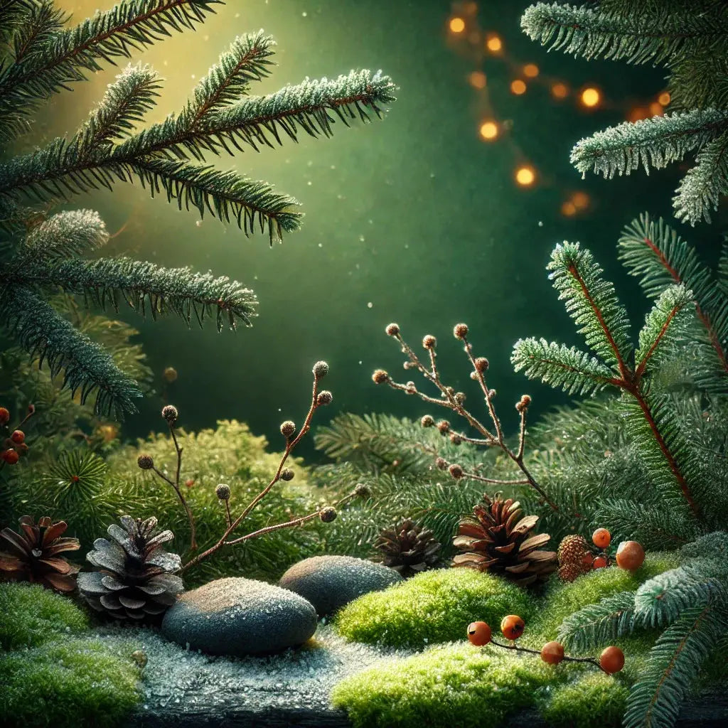 Winter scene with pine cones, moss-covered rocks, and snowy evergreen branches.