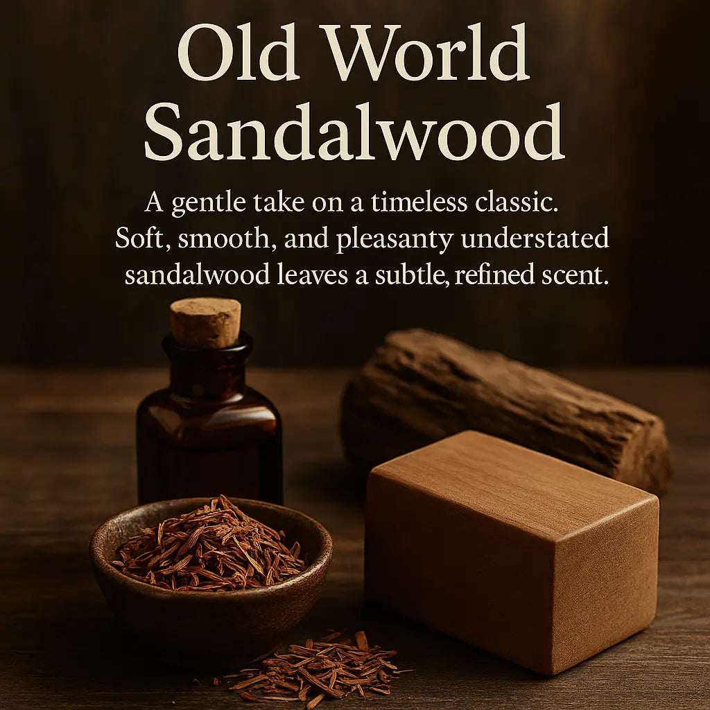 Sandalwood still life: essential oil bottle, bowl of shavings, block of soap, and a log of sandalwood.