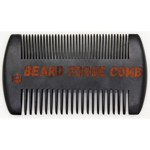 Beard comb: Black, wooden comb with "BEARD FORGE COMB" inscription, double-sided beard grooming tool.