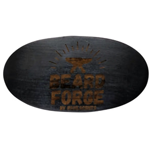 Beard grooming set: Wooden brush and comb with "Beard Forge" logo in presentation box and storage bag.