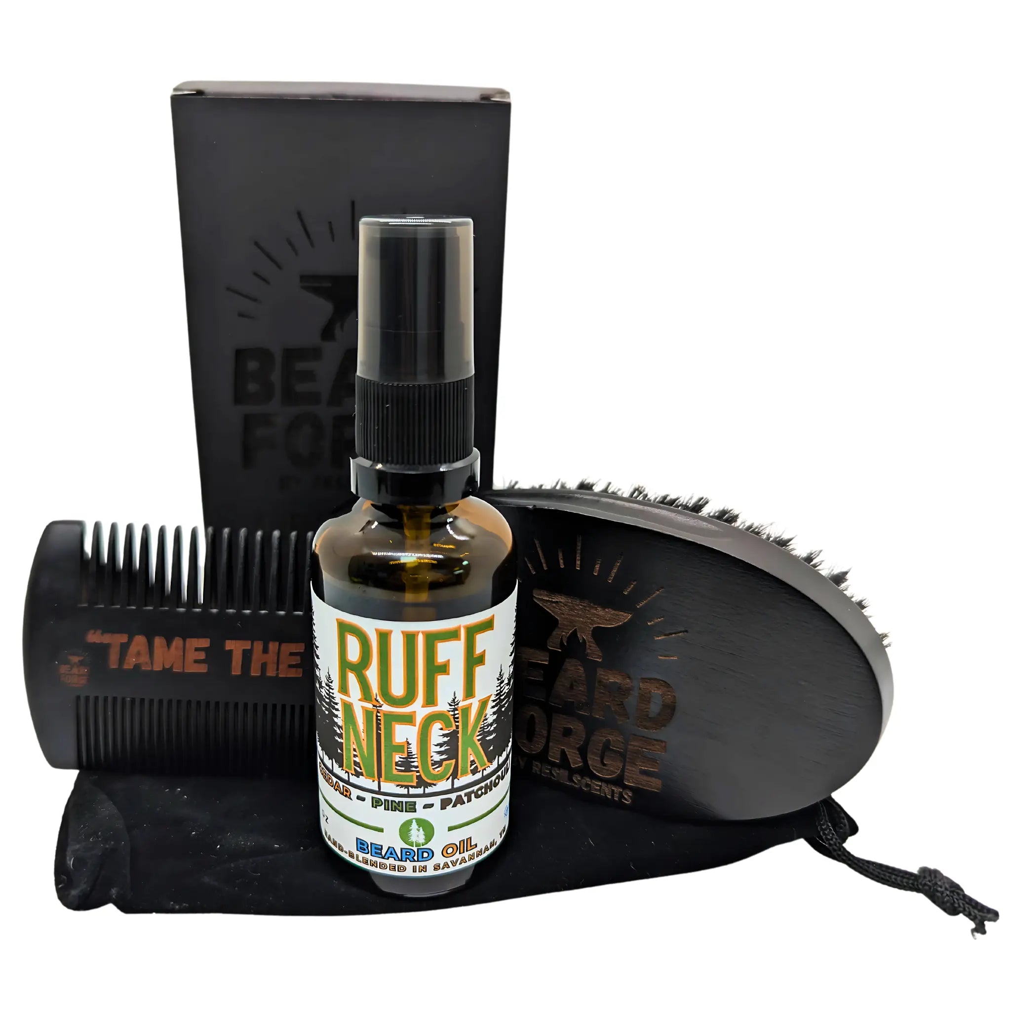 Beard grooming set with oil, brush, comb, and bag; men's grooming kit for beard care.