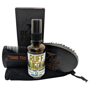 Beard grooming set with oil, brush, comb, and bag; men's grooming kit for beard care.