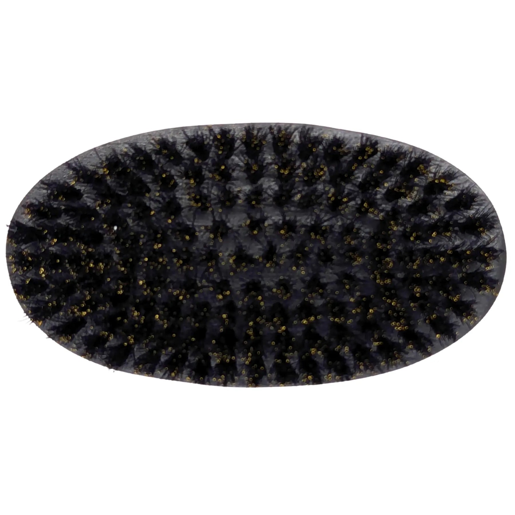 Oval beard brush with black bristles and yellow tips for grooming, top-down view.