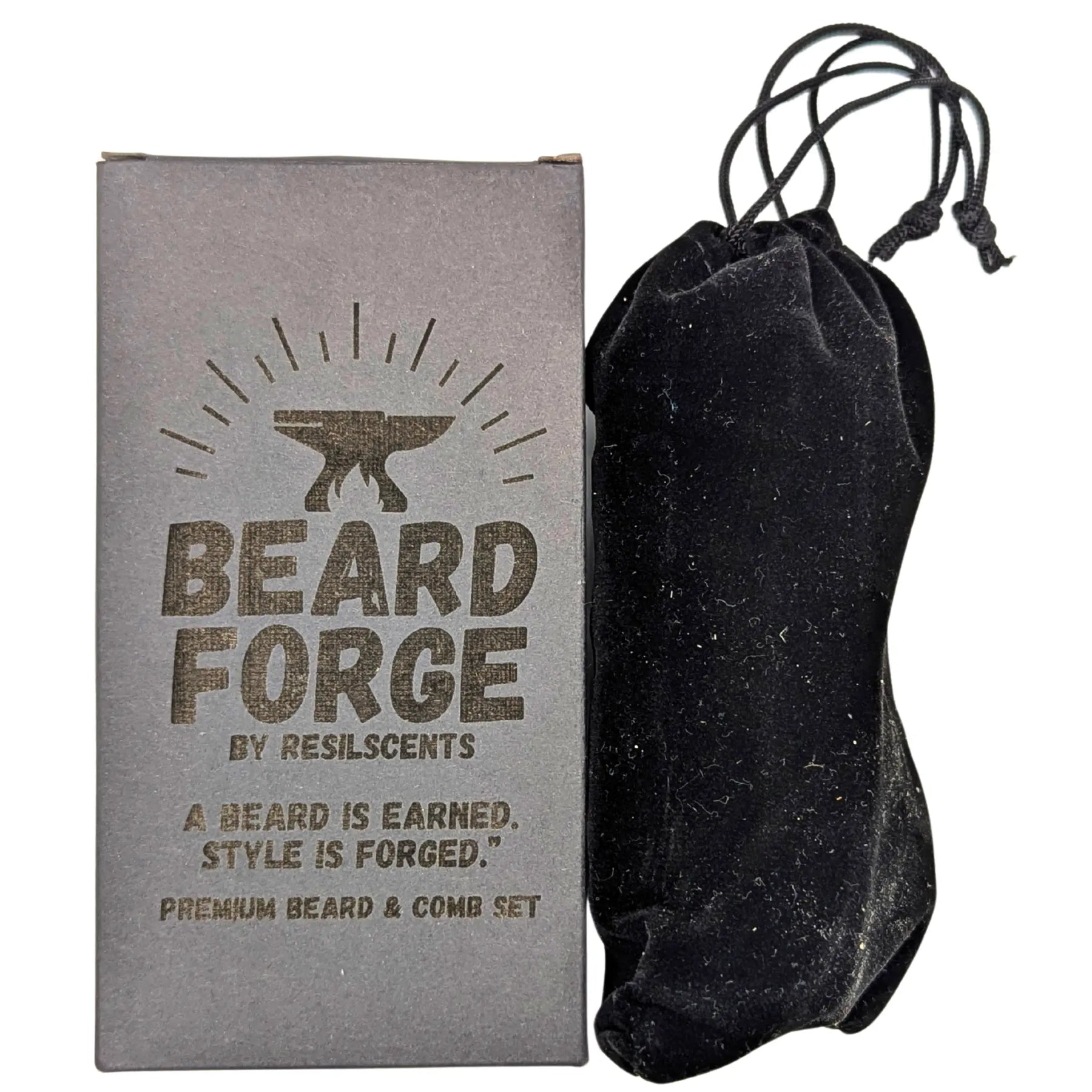 Beard grooming kit: Box with logo, 'Beard Forge', and black velvet drawstring bag.