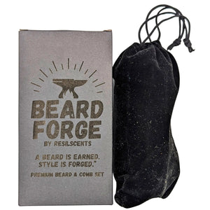 Beard grooming kit: Box with logo, 'Beard Forge', and black velvet drawstring bag.