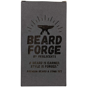 Beard Forge premium beard & comb set packaging featuring an anvil logo, text "Beard Forge", and "Premium Beard & Comb Set".