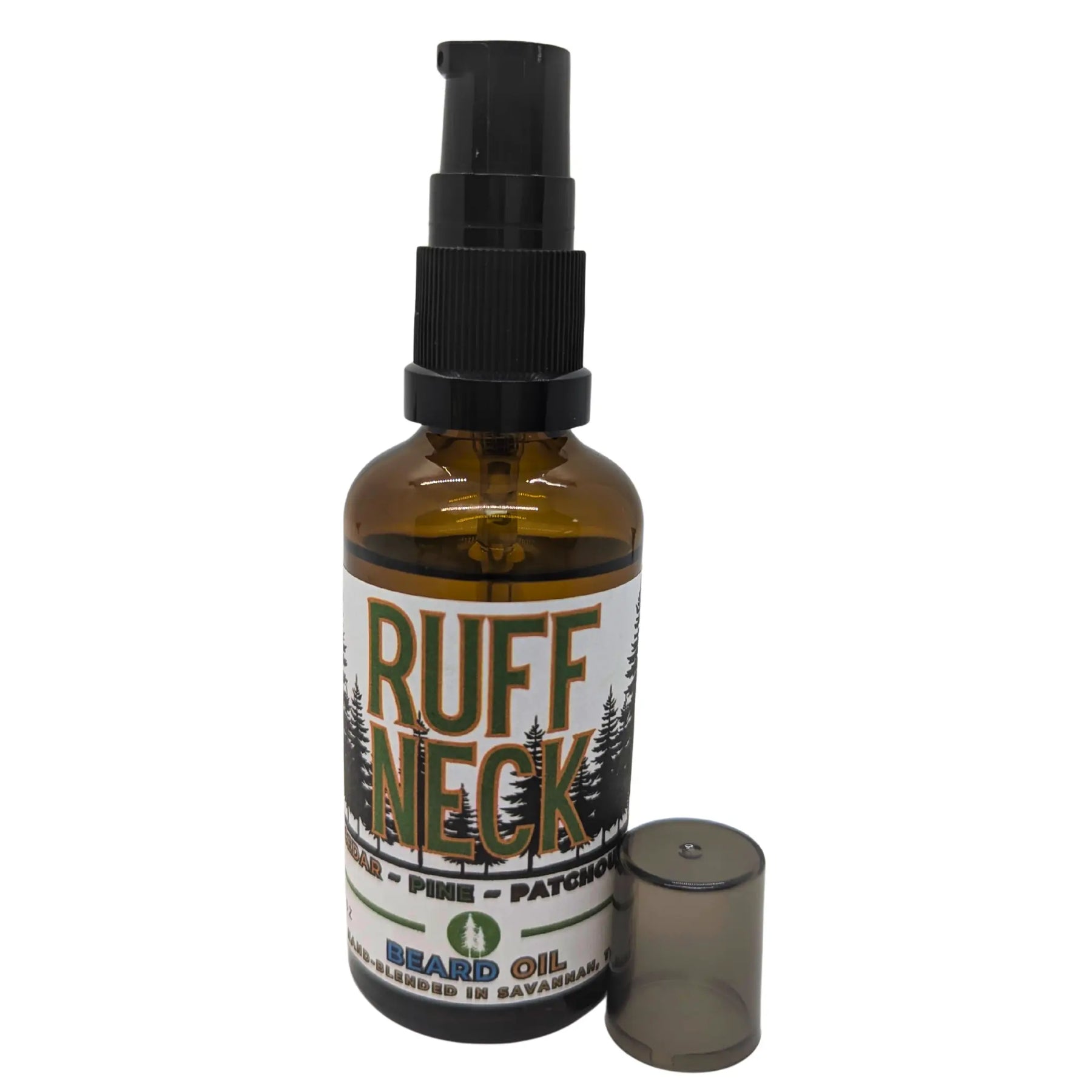Beard oil in a brown bottle with black pump and cap. The label reads \"RUFF NECK.\"
