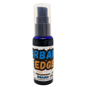 Blue beard oil bottle with pump and 'Urban Edge' label.