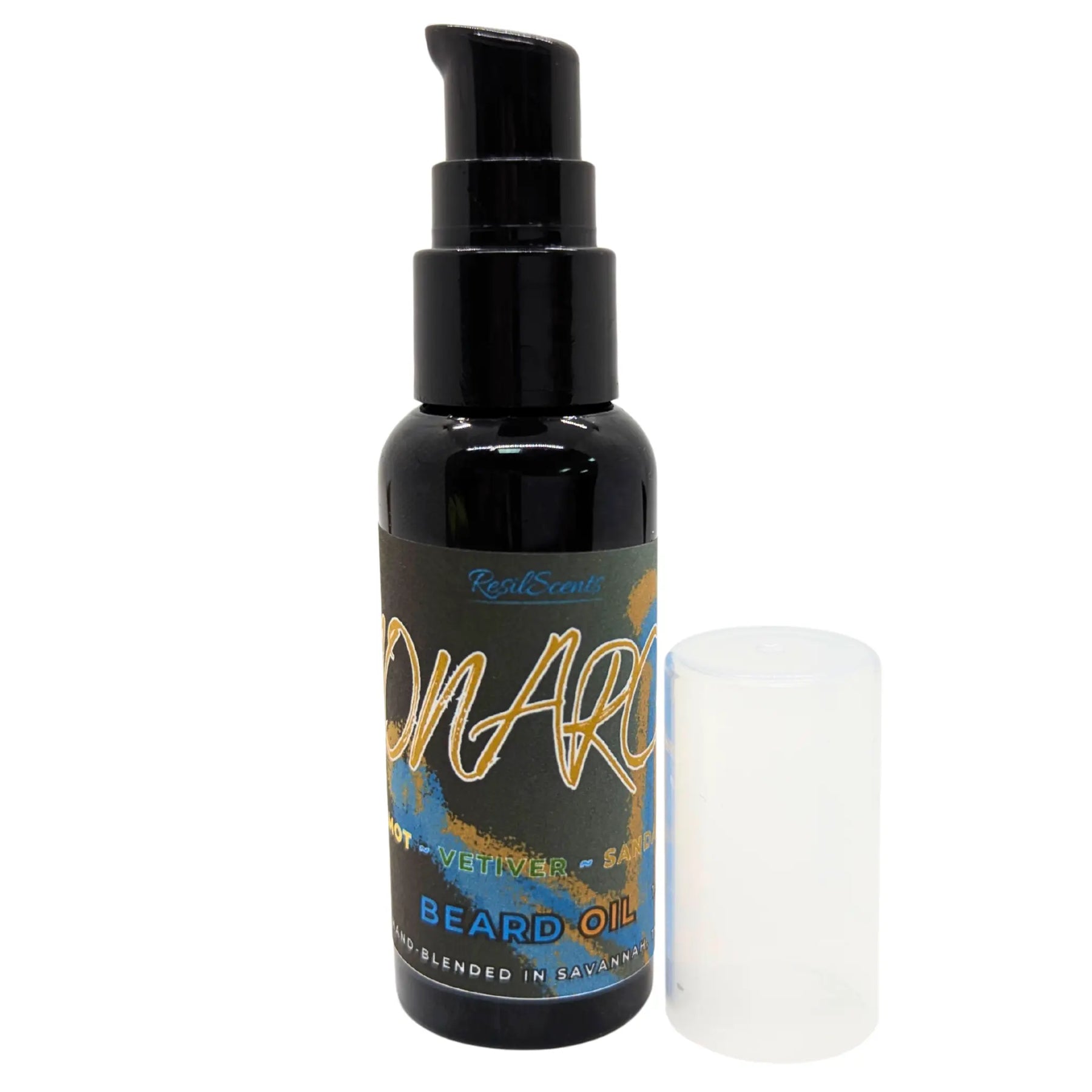 Beard oil bottle by ResilScents, black with pump, label, and white cap, on white background.