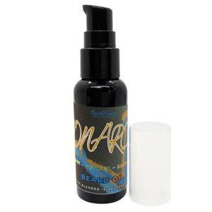Beard oil bottle by ResilScents, black with pump, label, and white cap, on white background.