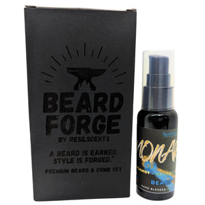 BEARD FORGE beard grooming set with black box and beard oil bottle.