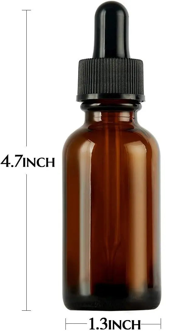Amber glass bottle with black dropper, labeled with measurements of 4.7 inches tall and 1.3 inches wide.