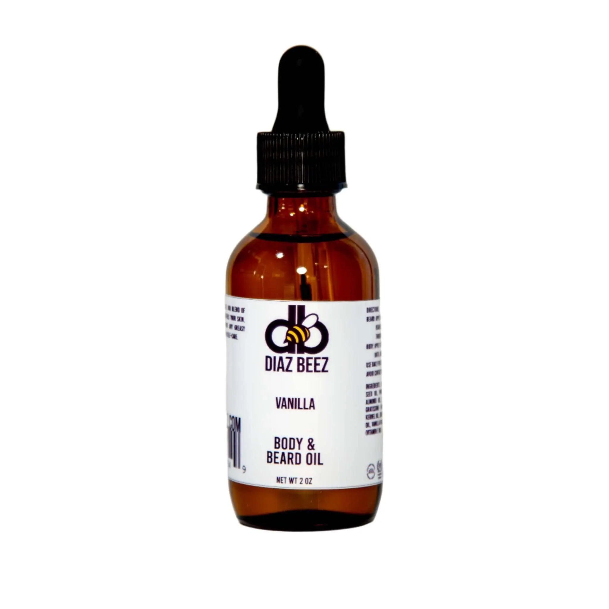 Amber bottle of Diaz Beez vanilla body and beard oil with dropper.