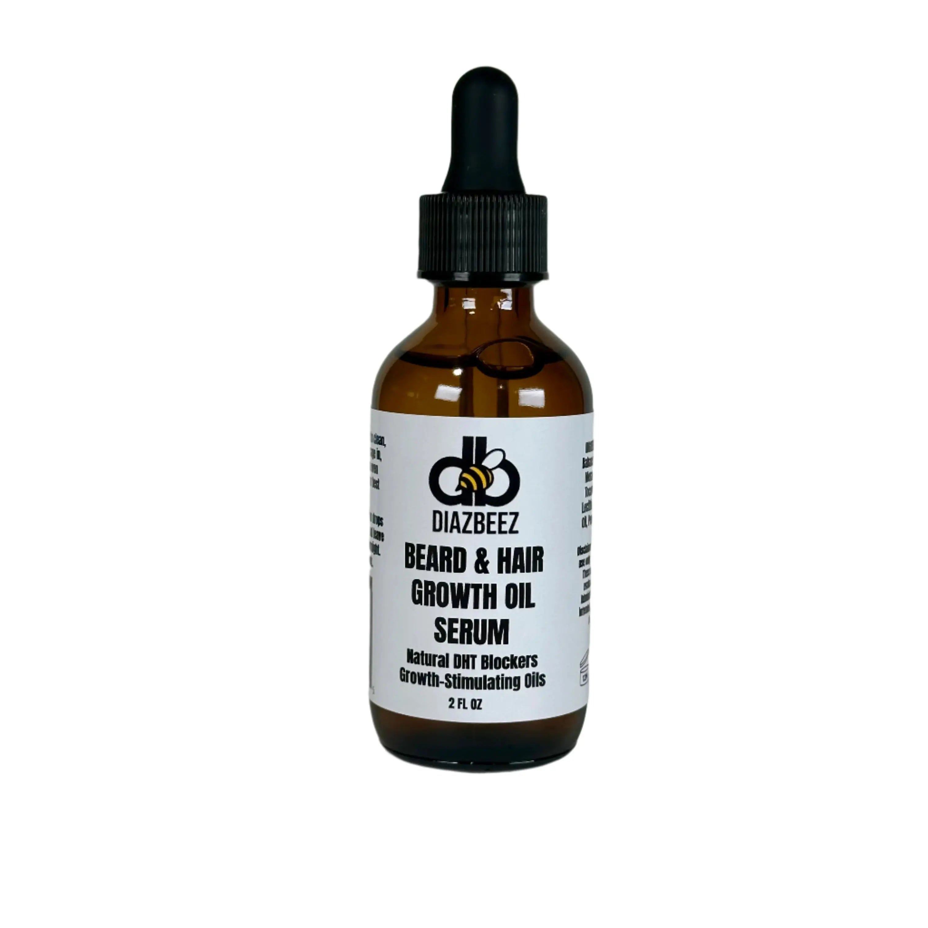 Diazbeez beard & hair growth oil serum in a brown dropper bottle. Label with logo and text. 