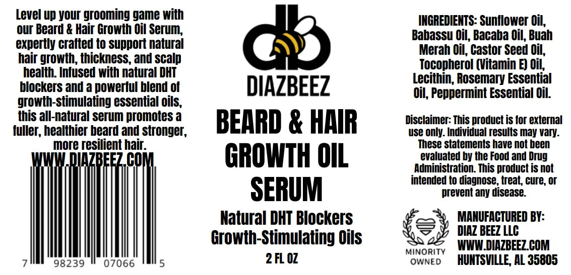 Diazbeez Beard & Hair Growth Oil Serum label showing ingredients and brand details.