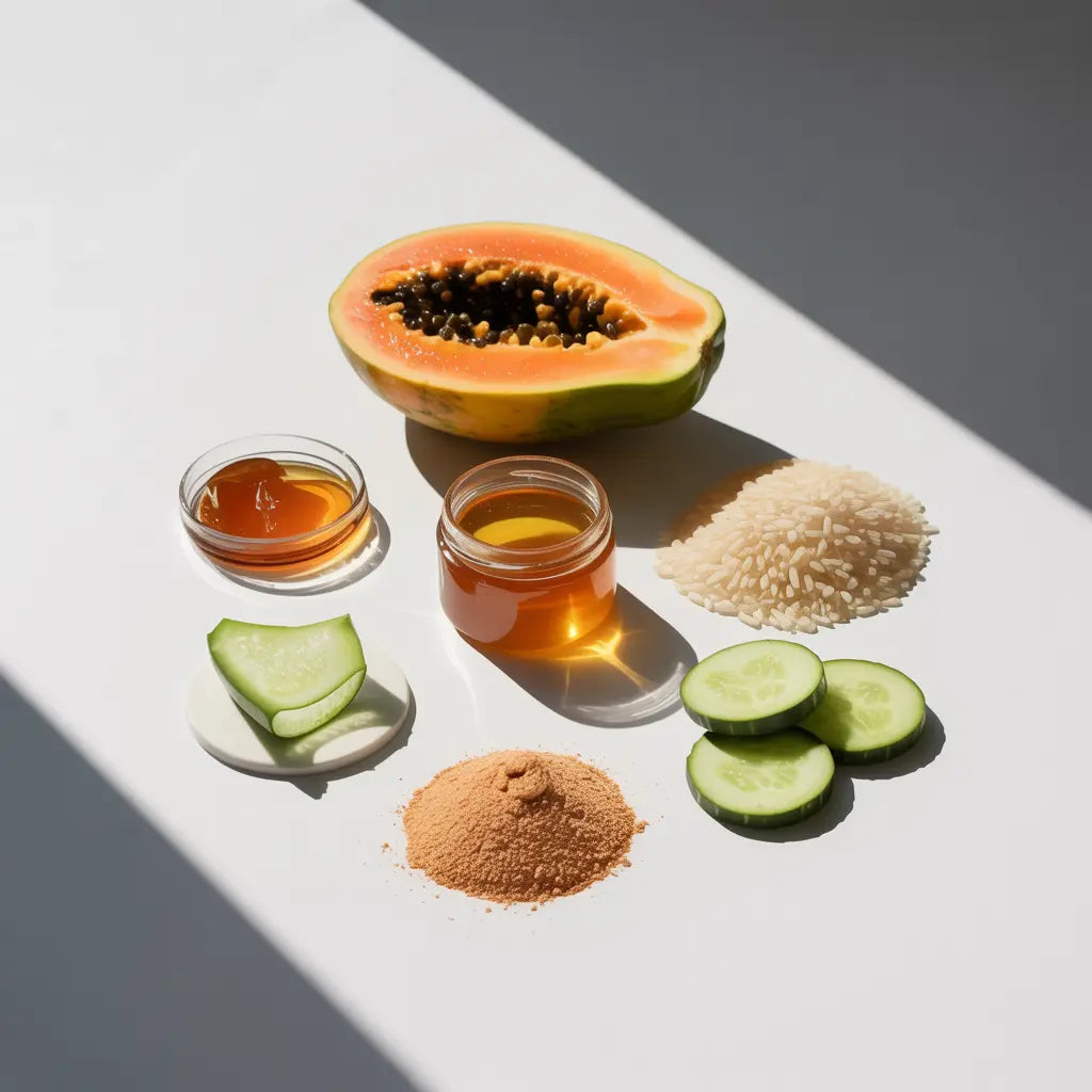 Ingredients for brightening serum: papaya, cucumber slices, honey, rice, and powder in containers on white surface.