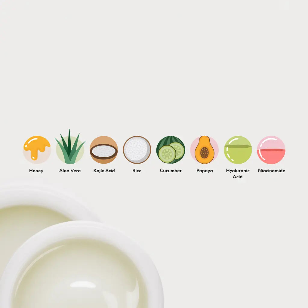 Brightening serum ingredients: honey, aloe vera, kojic acid, rice, cucumber, papaya, hyaluronic acid, niacinamide with serum in jars.