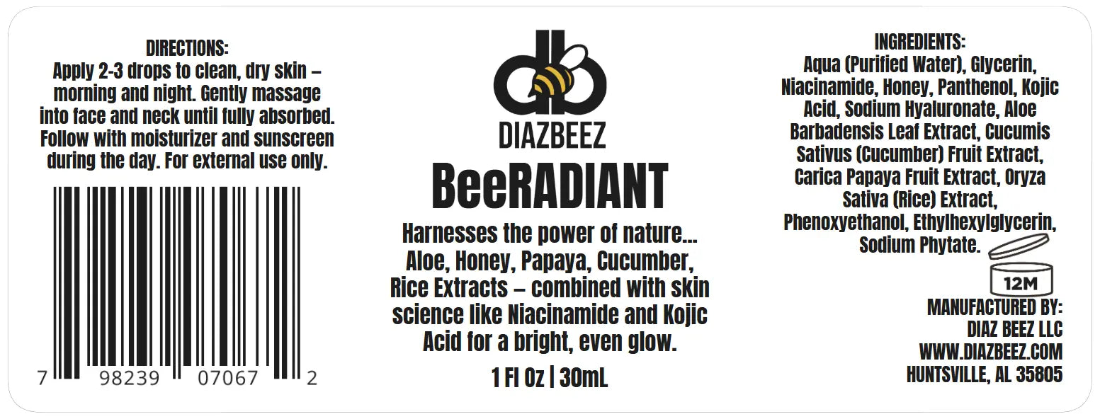 DIAZBEEZ BeeRADIANT serum label: ingredients, directions, and barcode for brightening skincare with aloe, honey, papaya, and rice extracts.